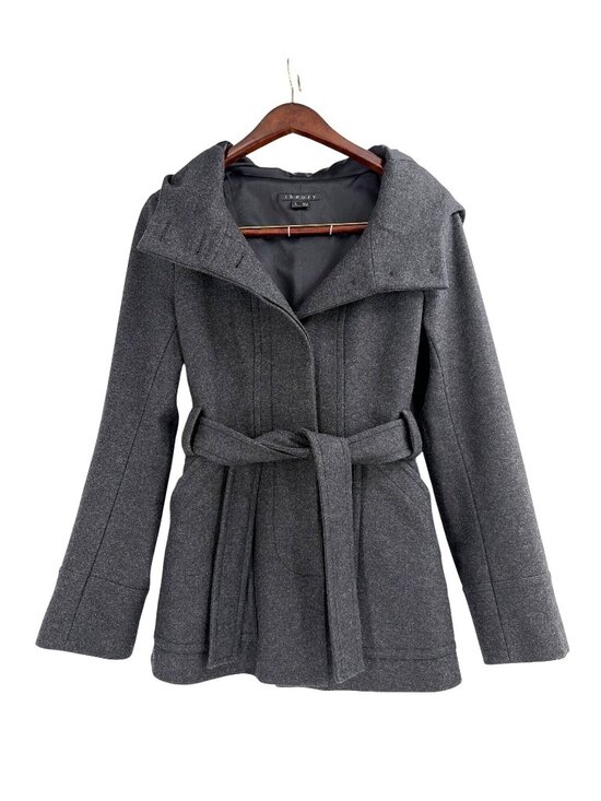 Theory Jackets & Blazers - Theory Womens Large Wool Blend Gray Belted Coat Hooded Peacoat Capsule Wardrobe
